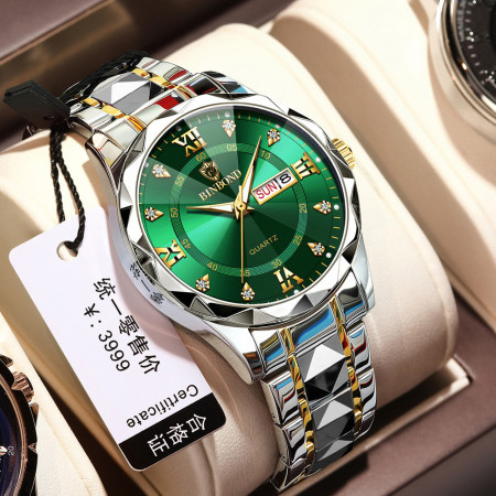 Luxury Binbond mens diamond ceiling glass Silver Green watch